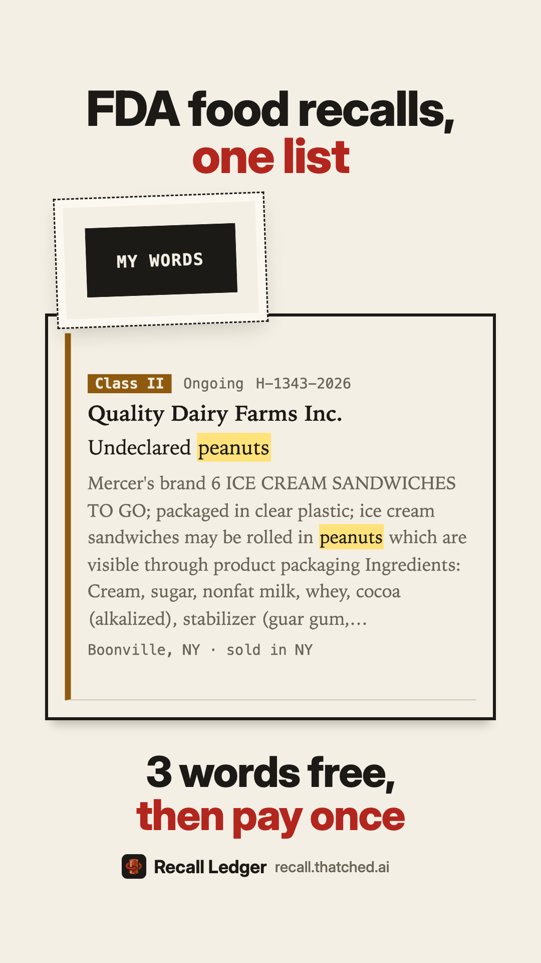Recall Ledger poster: FDA food recalls from the last 120 days, one list. 3 words and 1 CSV free, then pay once.